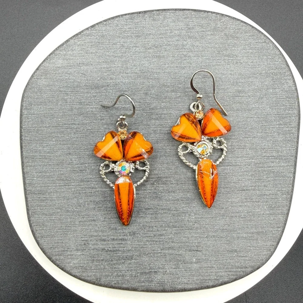 Orange Crystal Rhinestone Silver Tone Dangle Earrings Statement Boho Festival